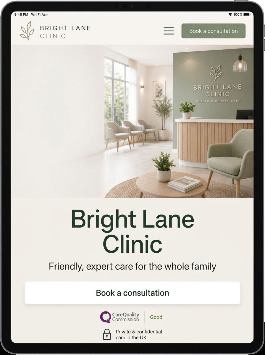 Bright Lane Clinic website shown on tablet
