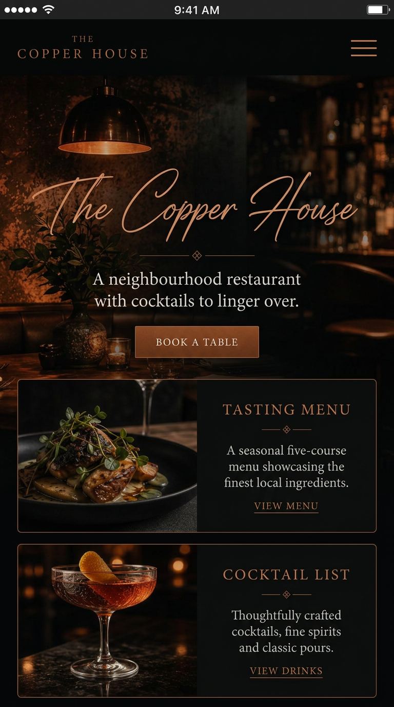 The Copper House website shown on mobile