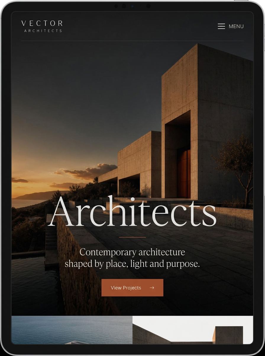 Vector Architects website shown on tablet